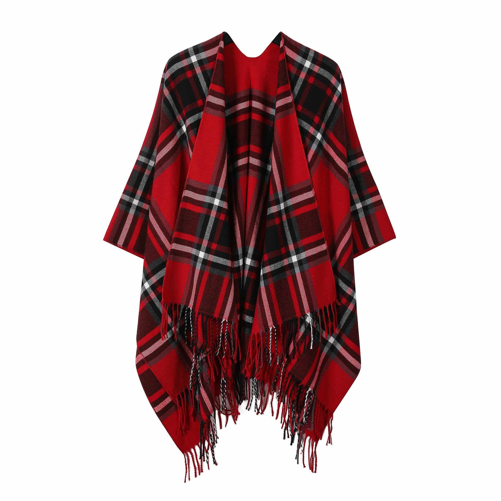 Classic Plaid Tassel Shawl Cape - Red - 53"W x 63"L - image 6