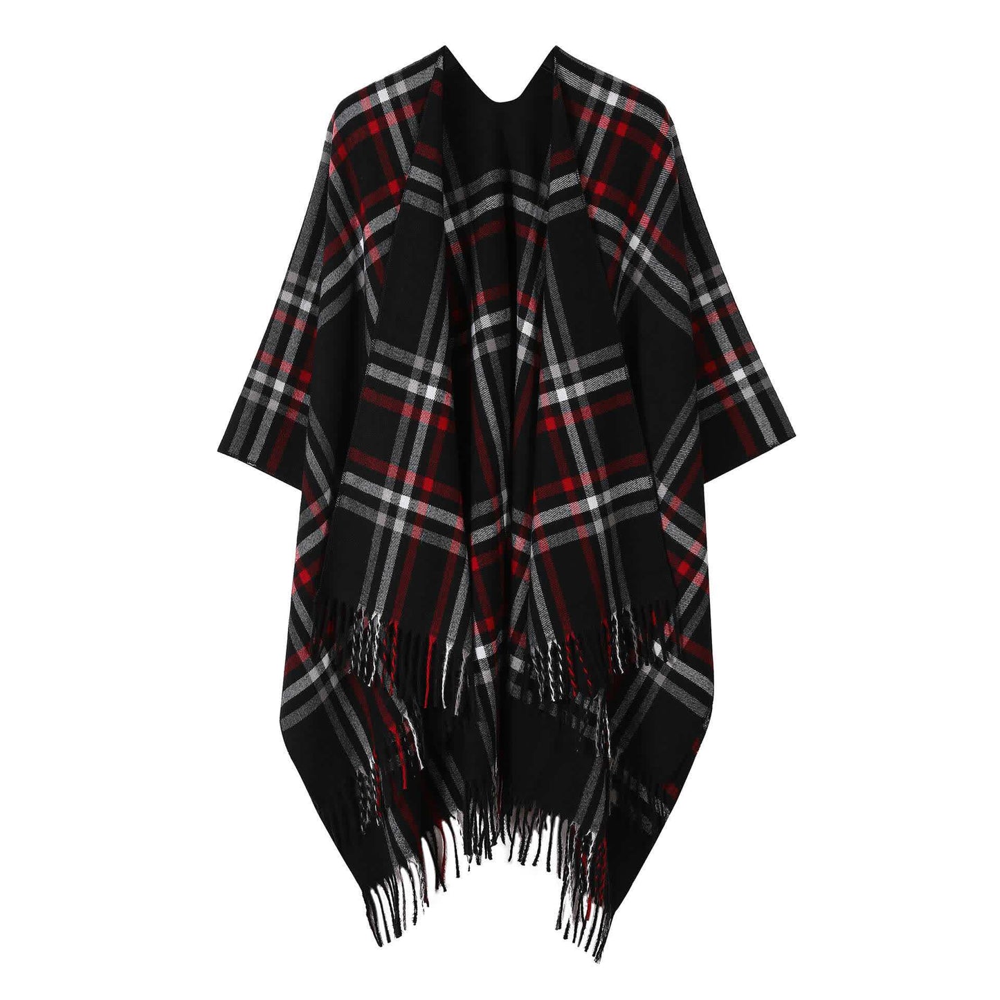 Classic Plaid Tassel Shawl Cape - Black - 53"W x 63"L - image 0