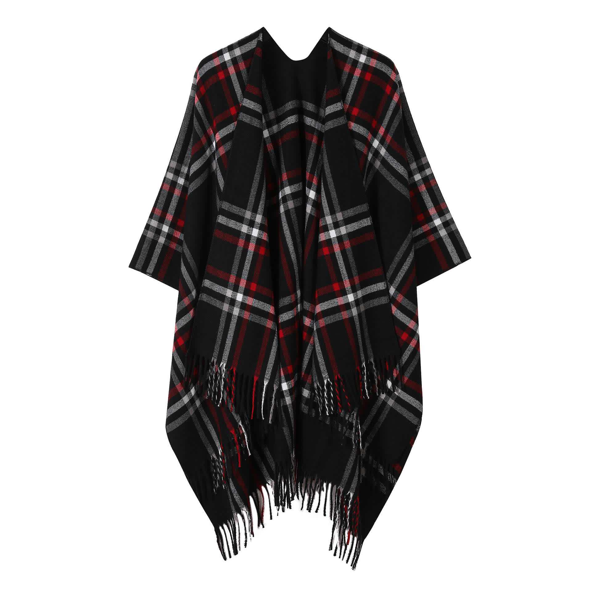 Classic Plaid Tassel Shawl Cape - Black - 53"W x 63"L - image 0