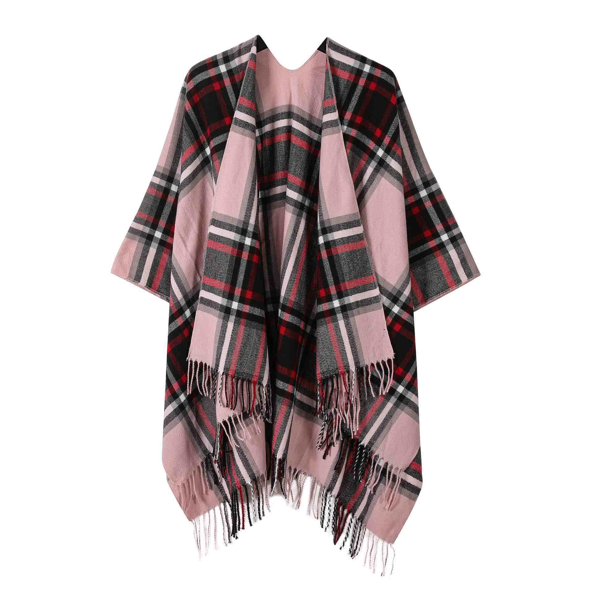Classic Plaid Tassel Shawl Cape - Pink - 53"W x 63"L - image 5