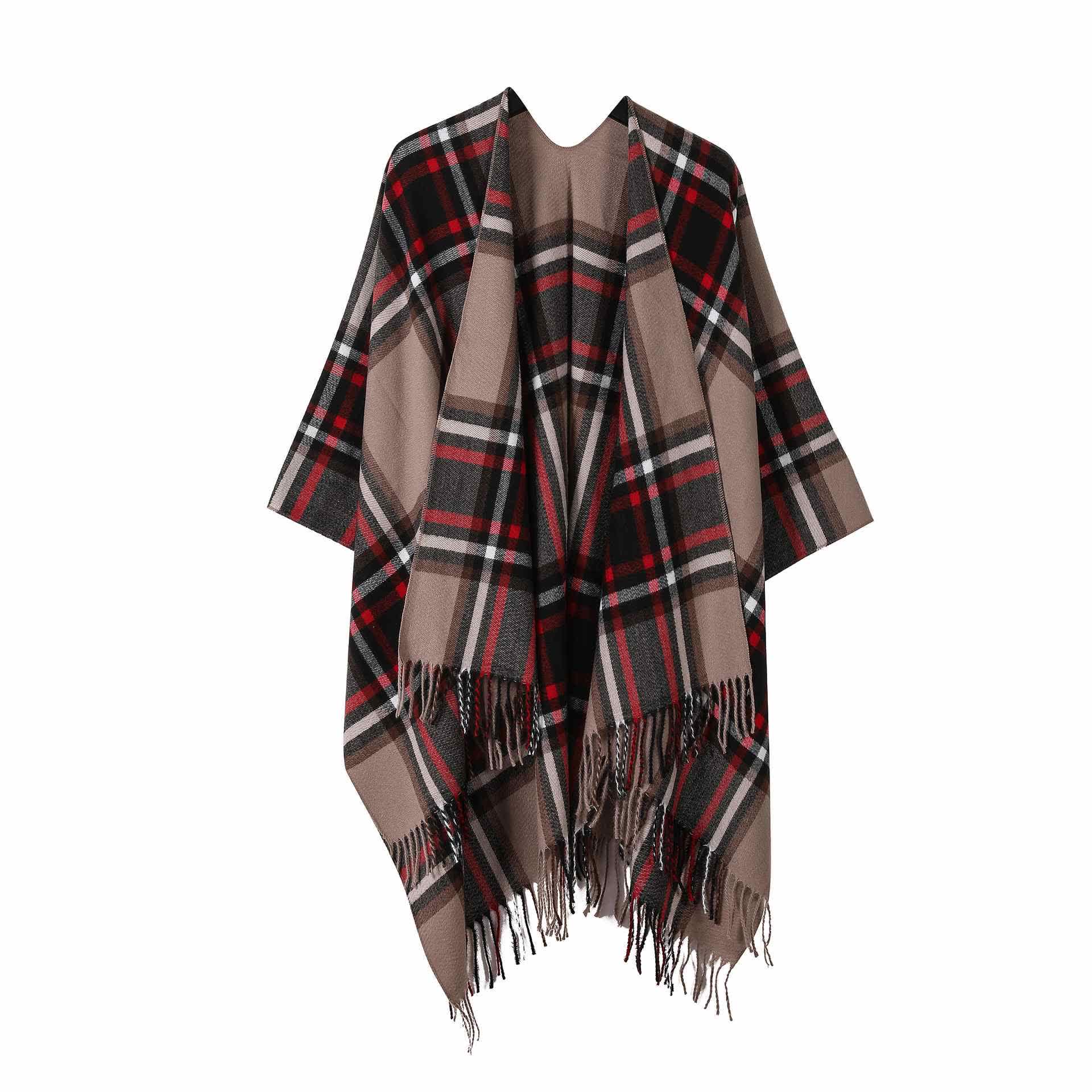 Classic Plaid Tassel Shawl Cape - Khaki - 53"W x 63"L - image 4