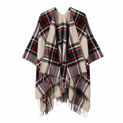 Classic Plaid Tassel Shawl Cape - Beige - 53"W x 63"L - image 7