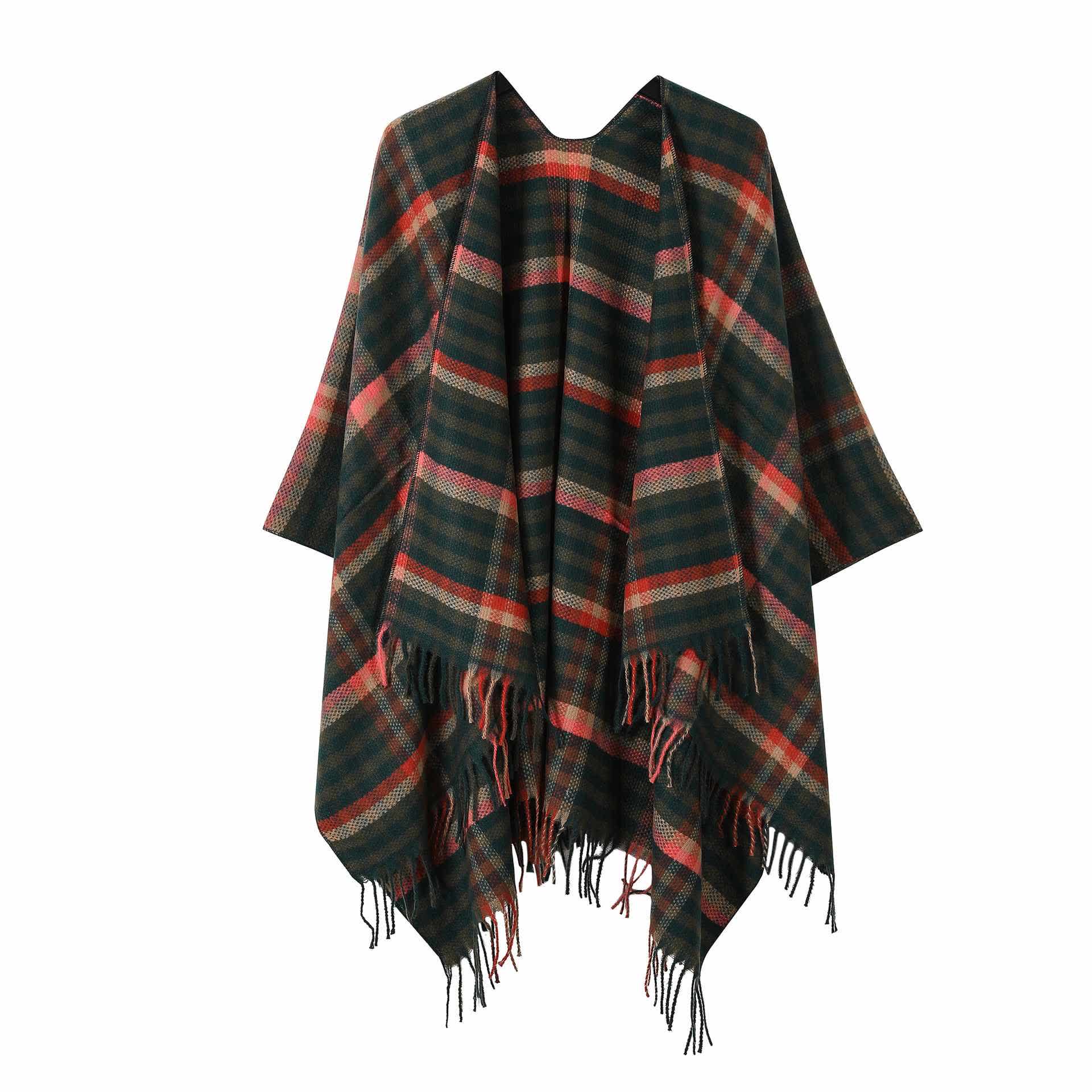 Vintage Plaid Tassel Travel Shawl Cape - Dark Green - 53"W x 63"L - image 1