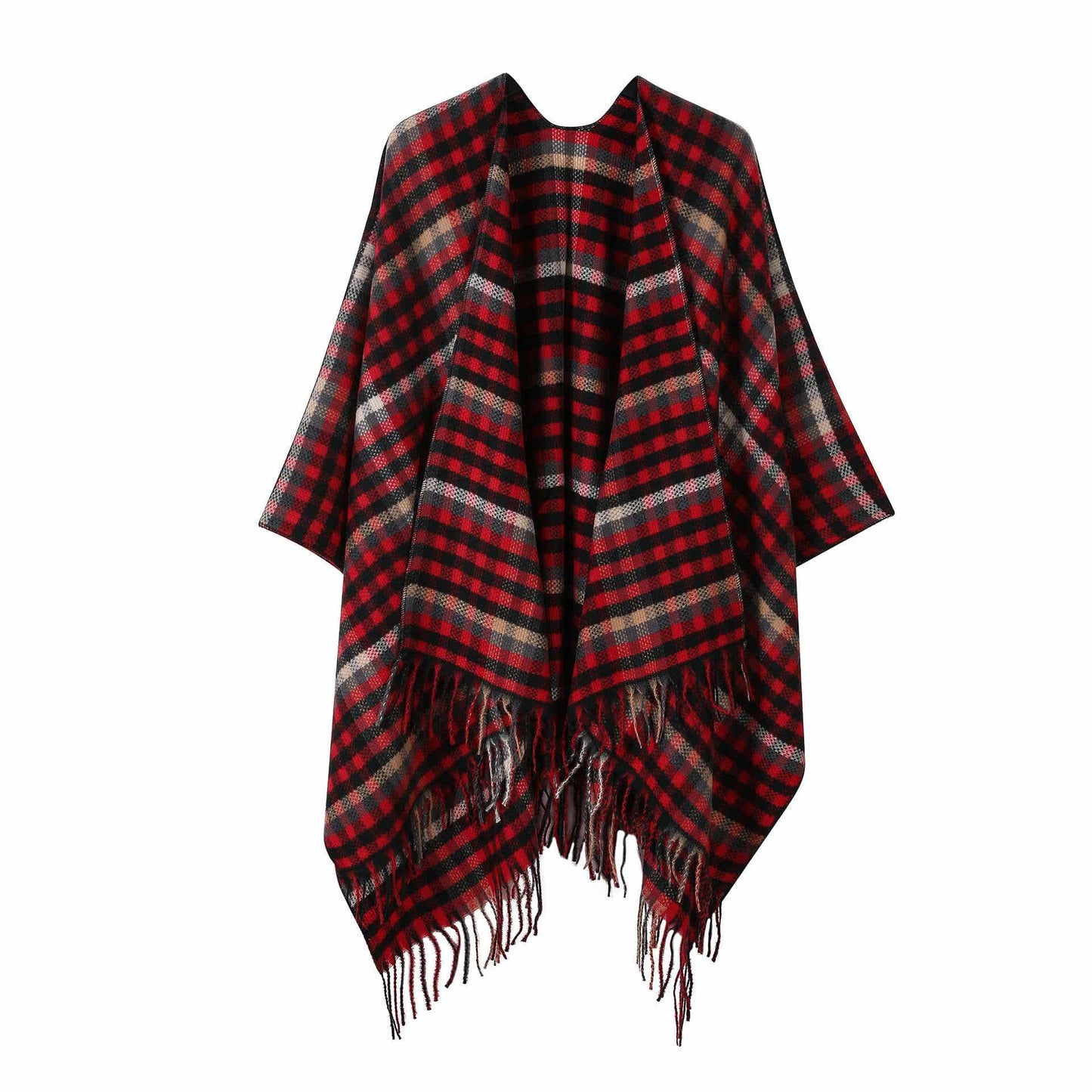 Vintage Plaid Tassel Travel Shawl Cape - Black & Red - 53"W x 63"L - image 7