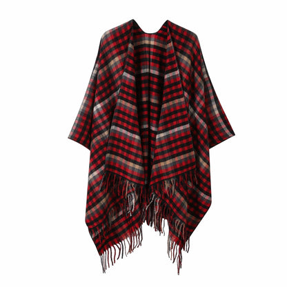 Vintage Plaid Tassel Travel Shawl Cape - Black & Red - 53"W x 63"L - image 7