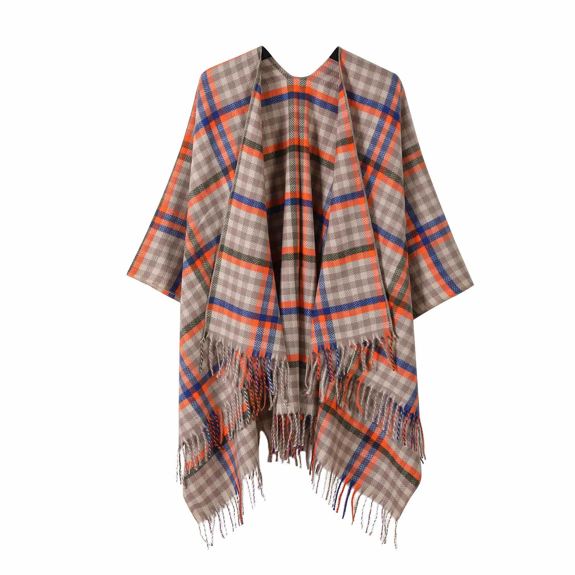 Vintage Plaid Tassel Travel Shawl Cape - Khaki - 53"W x 63"L - image 0