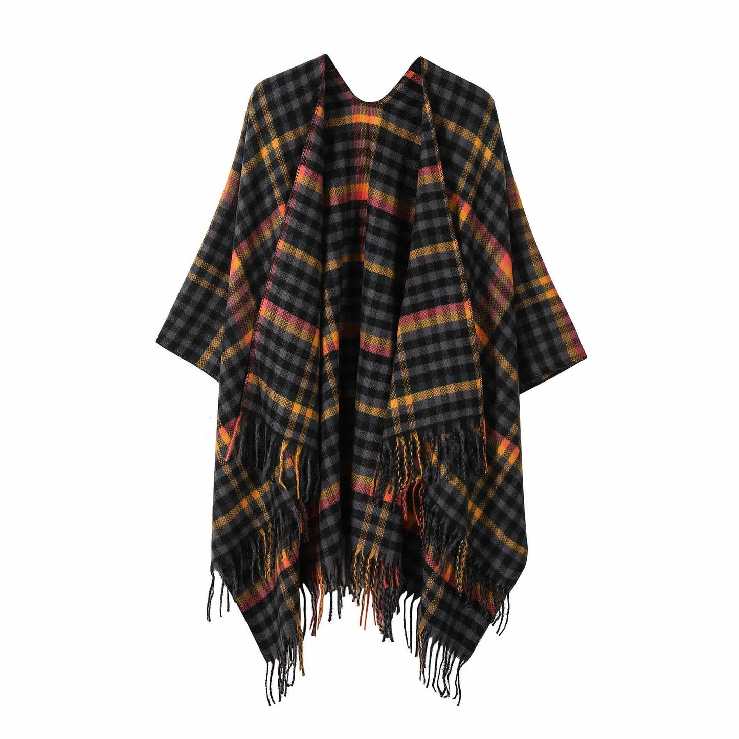Vintage Plaid Tassel Travel Shawl Cape - Navy Blue - 53"W x 63"L - image 5
