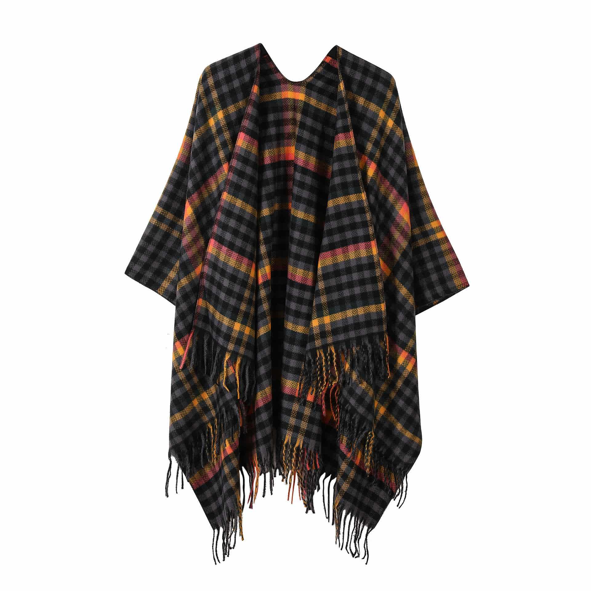 Vintage Plaid Tassel Travel Shawl Cape - Navy Blue - 53"W x 63"L - image 5