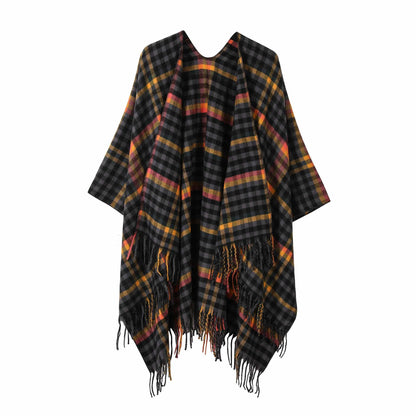 Vintage Plaid Tassel Travel Shawl Cape - Navy Blue - 53"W x 63"L - image 5