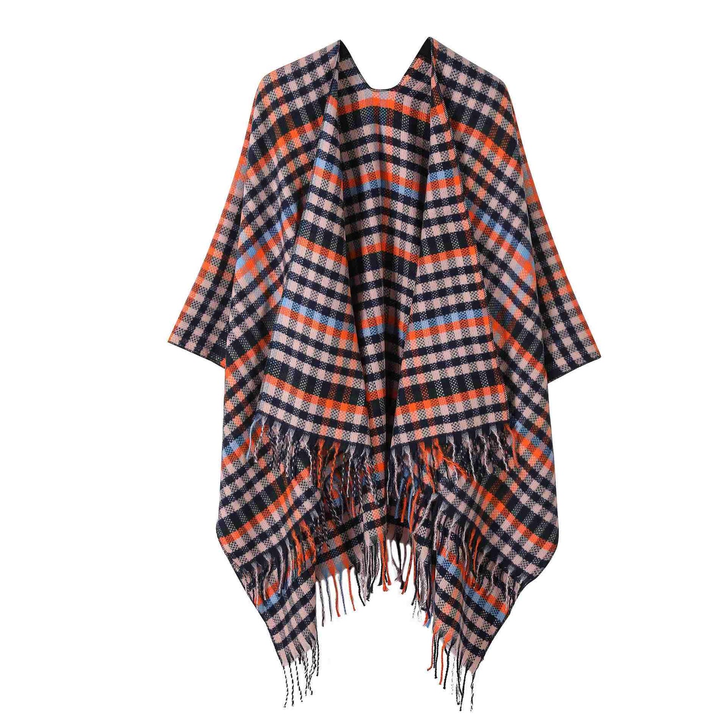 Vintage Plaid Tassel Travel Shawl Cape - Black & Orange - 53"W x 63"L - image 6