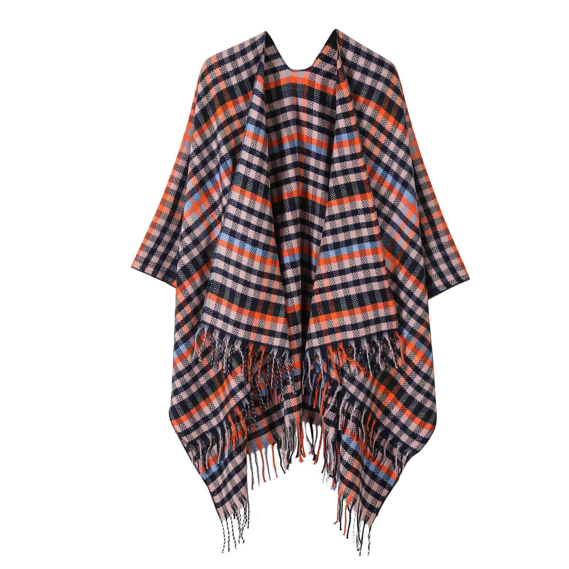 Vintage Plaid Tassel Travel Shawl Cape - Black & Orange - 53"W x 63"L - image 6
