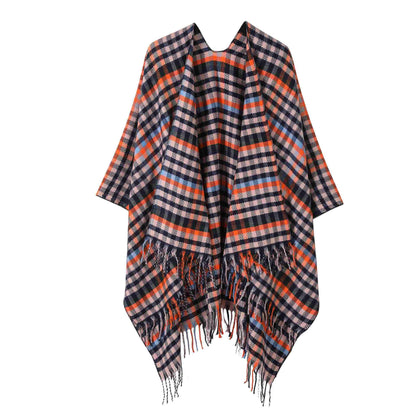 Vintage Plaid Tassel Travel Shawl Cape - Black & Orange - 53"W x 63"L - image 6
