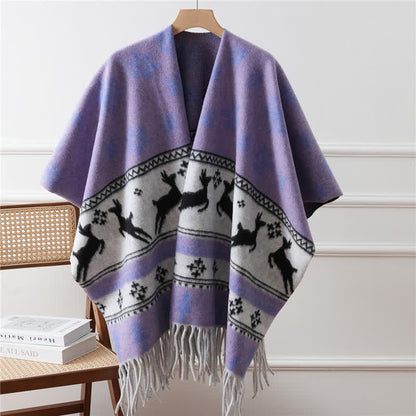 Elk Snowflake Tassel Shawl Cape - Light Purple - 43" x 67" - image 4