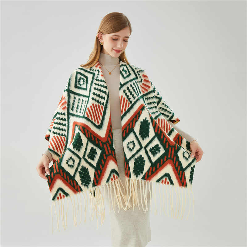 Ethnic Geometric Pattern Tassel Shawl Cape - image 0
