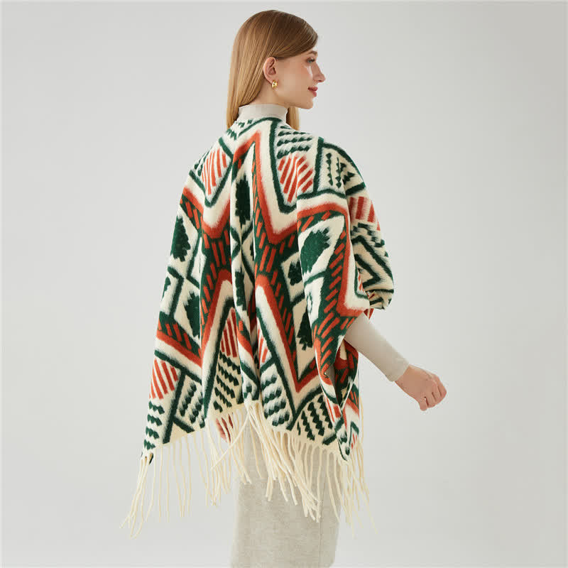 Ethnic Geometric Pattern Tassel Shawl Cape - image 2