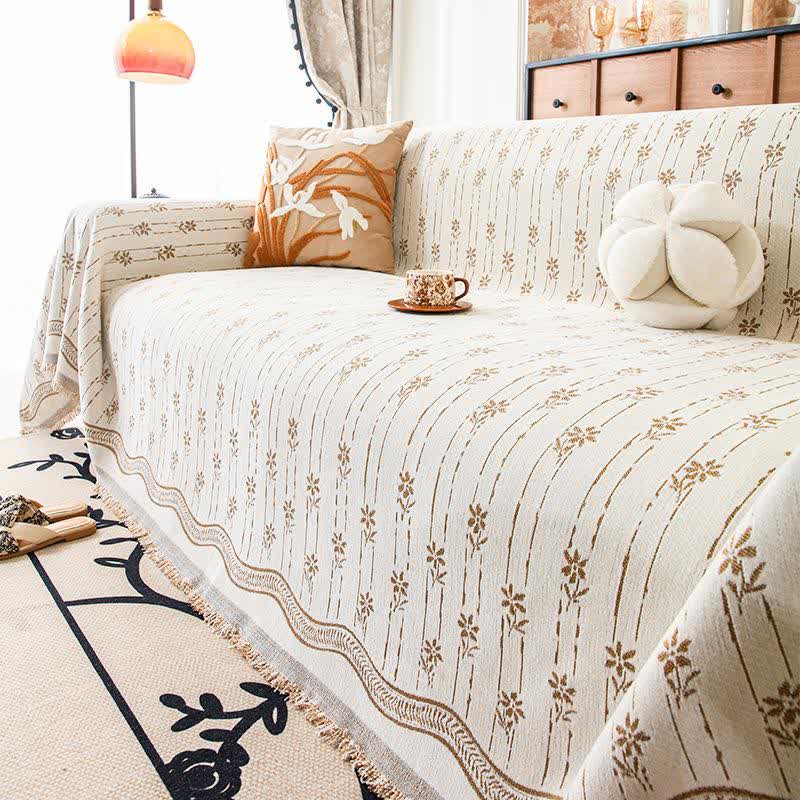 Striped Floral Chenille Sofa Throw Blanket - Beige - 71" x 134" - image 0