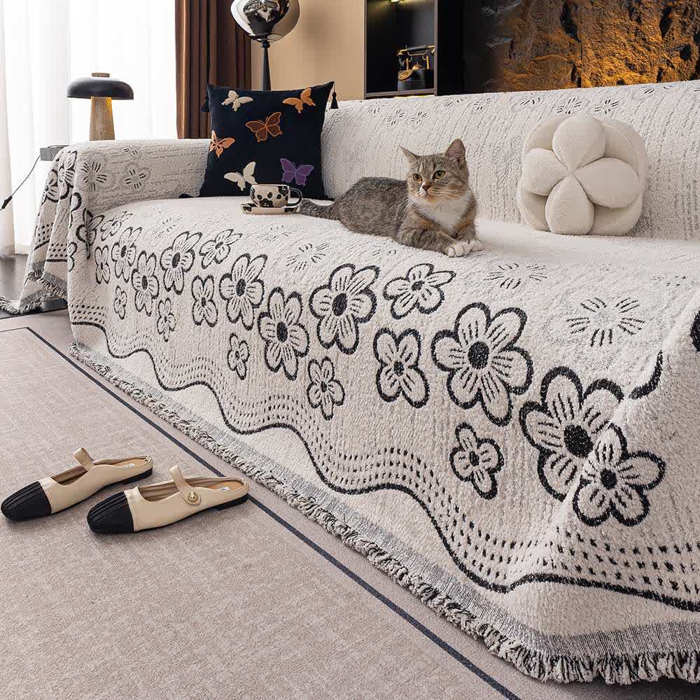 Flower Jacquard Tassel Sofa Throw Blanket - Black - 71" x 134" - image 4