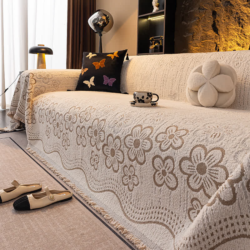 Flower Jacquard Tassel Sofa Throw Blanket - image 1
