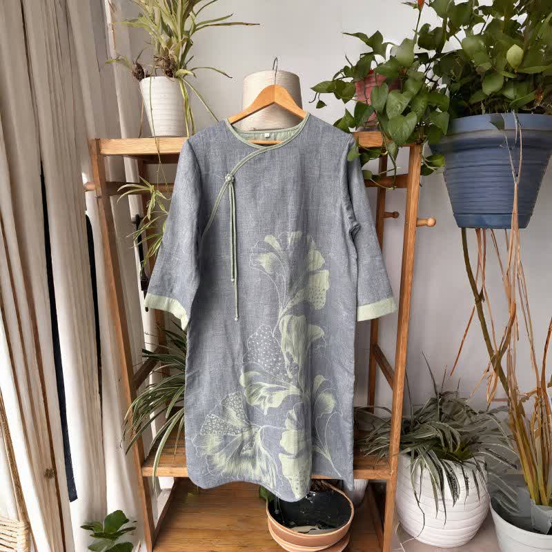 Ginkgo Leaf Inspired Cotton Gauze Nightdress - Grey & Green - L - image 4