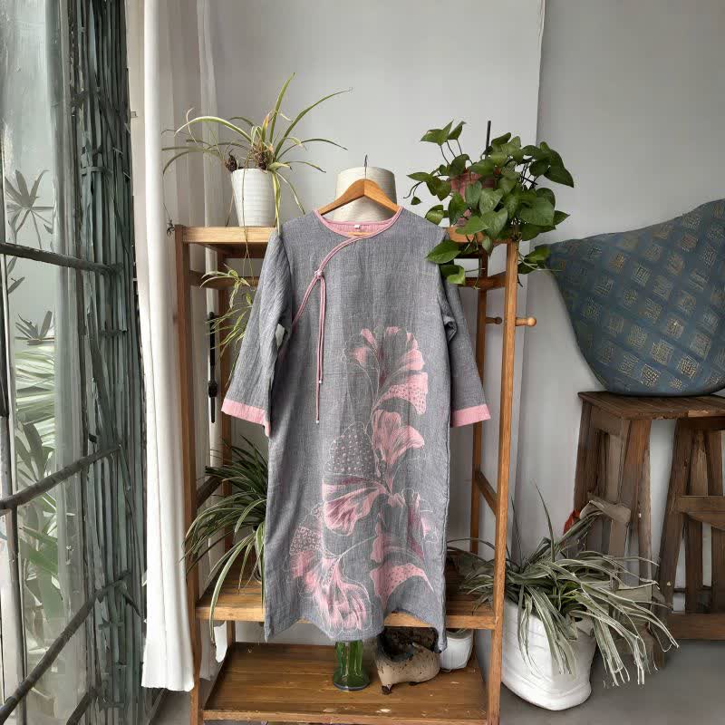 Ginkgo Leaf Inspired Cotton Gauze Nightdress - Grey & Pink - L - image 8