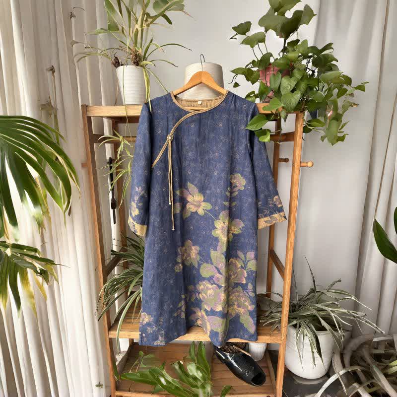 Oriental Style Floral Cotton Gauze Nightdress - Blue - L - image 0