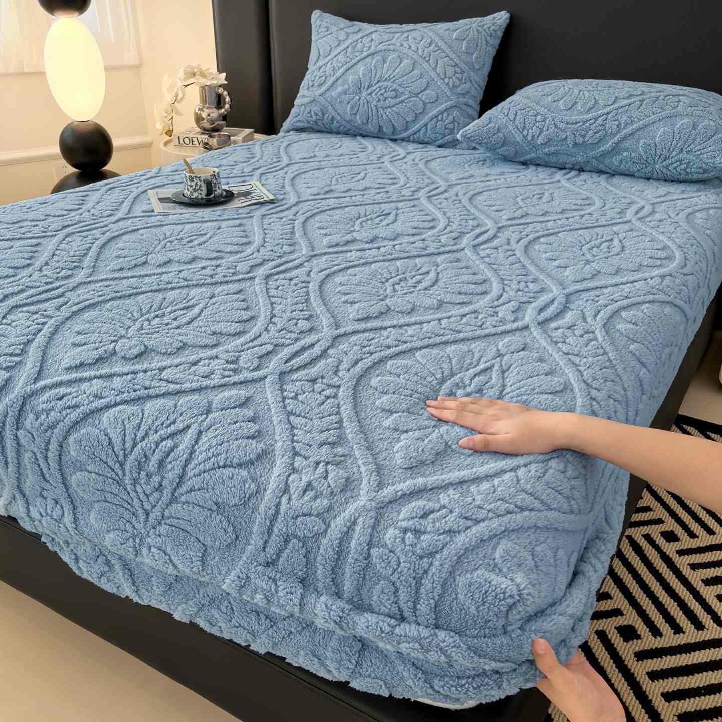 Wave Floral Fleece Warm Fitted Sheet - Blue - Sheet with 2PCS Pillowcases - King - image 6