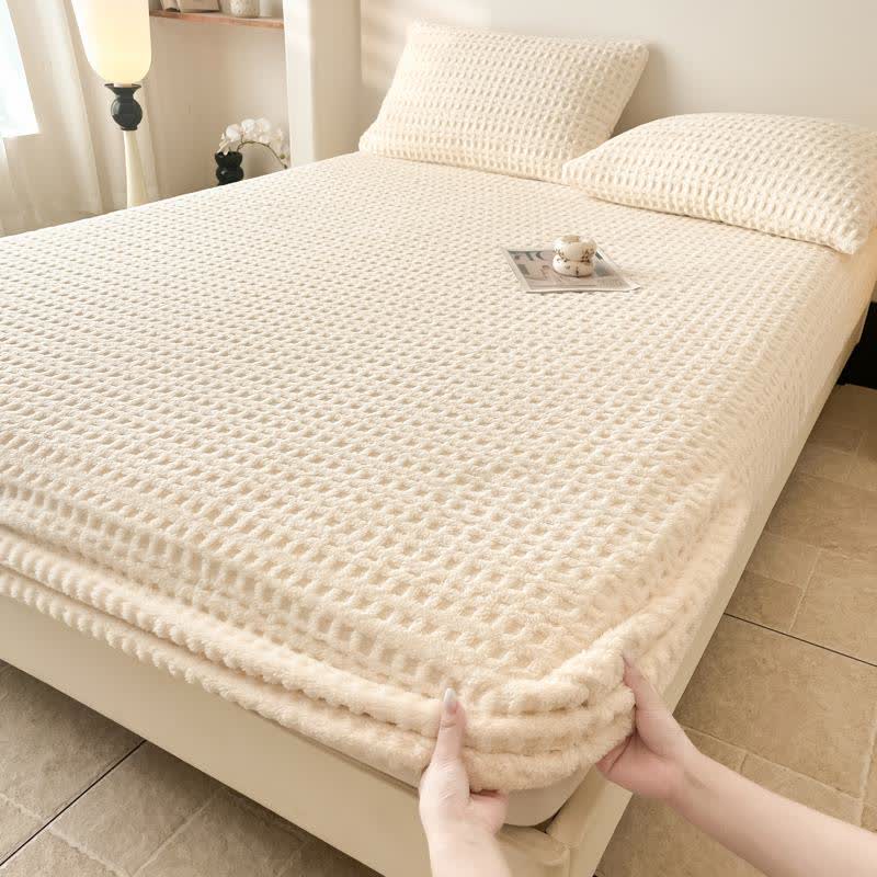 Waffle Textured Fleece Warm Fitted Sheet - Beige - Sheet with 2PCS Pillowcases - King - image 8