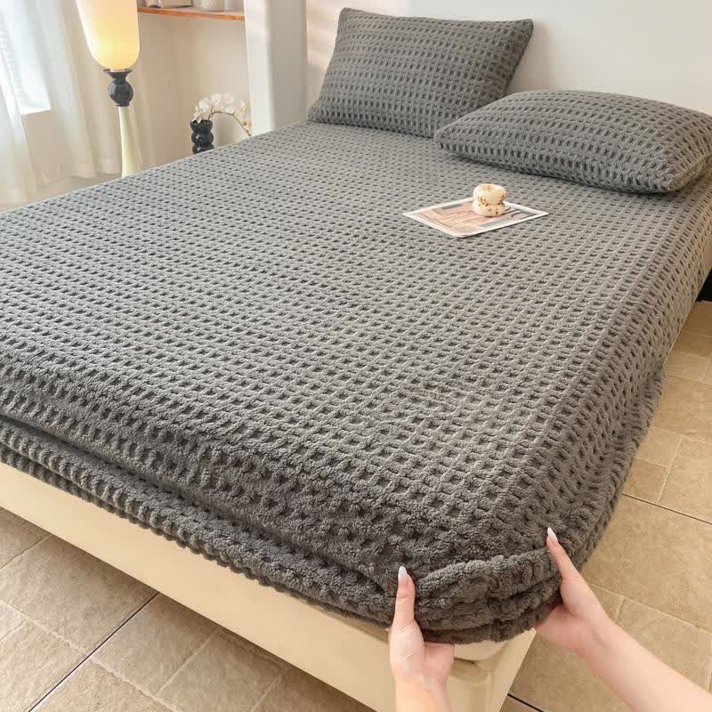 Waffle Textured Fleece Warm Fitted Sheet - Dark Grey - Sheet with 2PCS Pillowcases - King - image 9