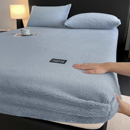 Solid Color Plush Warm Fitted Sheet - Blue - Sheet with 2PCS Pillowcases - King - image 14