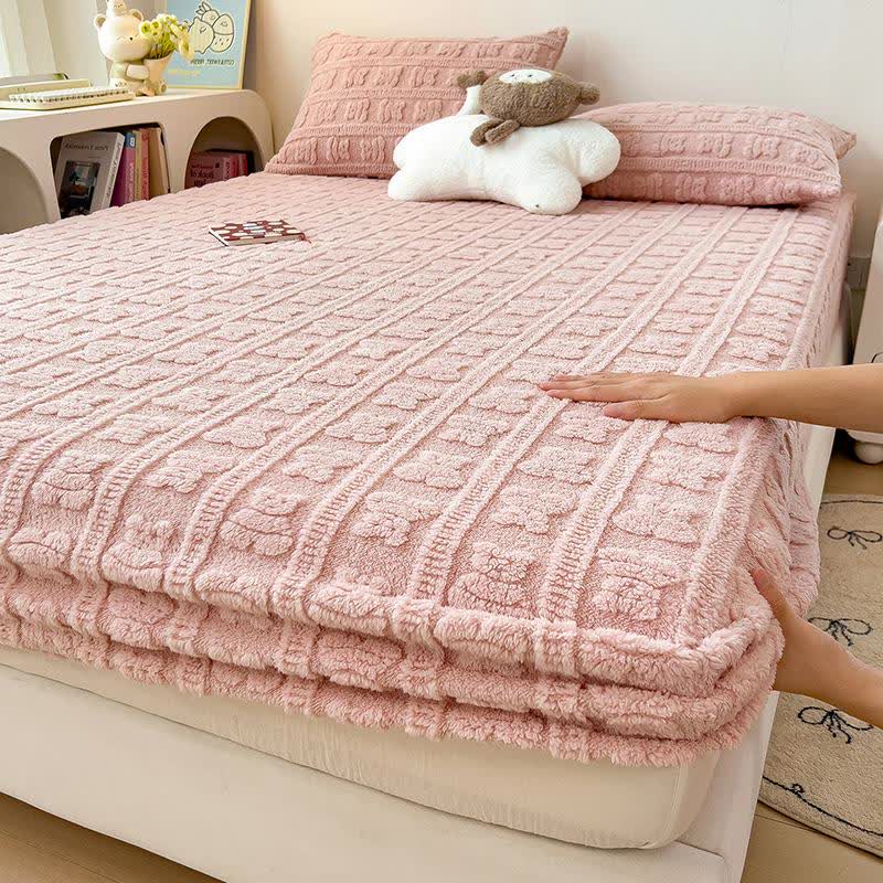 Striped Bear Fleece Warm Fitted Sheet - Pink - 2PCS Pillowcases - 19" x 29" - image 9