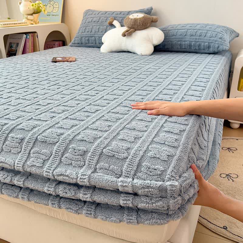 Striped Bear Fleece Warm Fitted Sheet - Blue - 2PCS Pillowcases - 19" x 29" - image 17