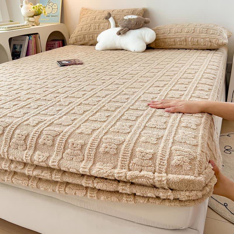 Striped Bear Fleece Warm Fitted Sheet - Khaki - 2PCS Pillowcases - 19" x 29" - image 11