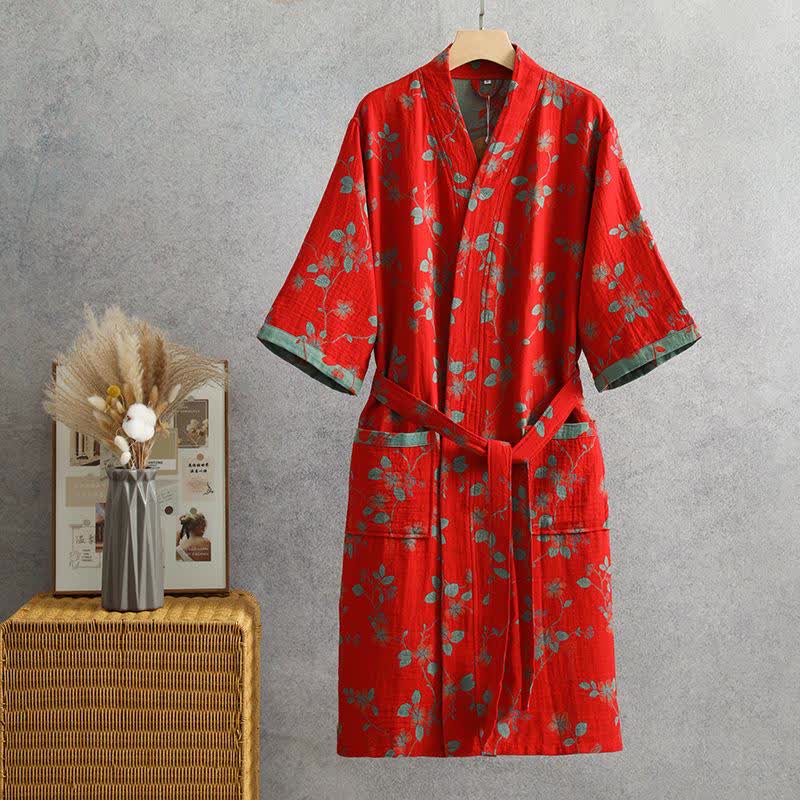 Branch Leaf Cotton Gauze Yukata Robe - XL - image 0