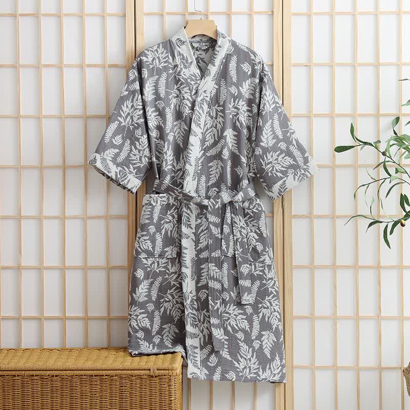 Leaf Cotton Gauze Kimono Yukata Robe - Grey - XL - image 5