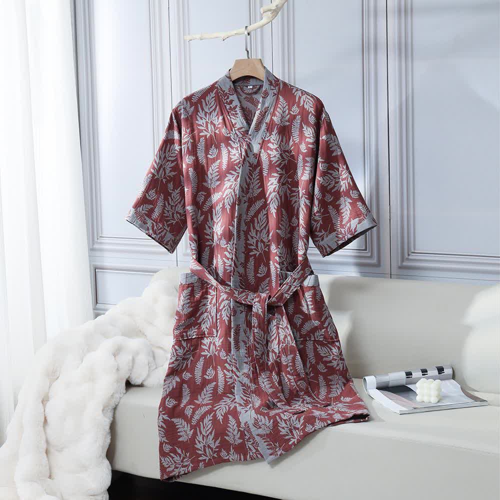 Leaf Cotton Gauze Kimono Yukata Robe - Wine - XL - image 9
