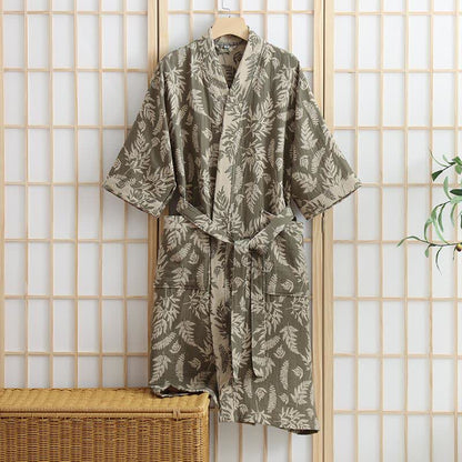 Leaf Cotton Gauze Kimono Yukata Robe - Green - XL - image 7