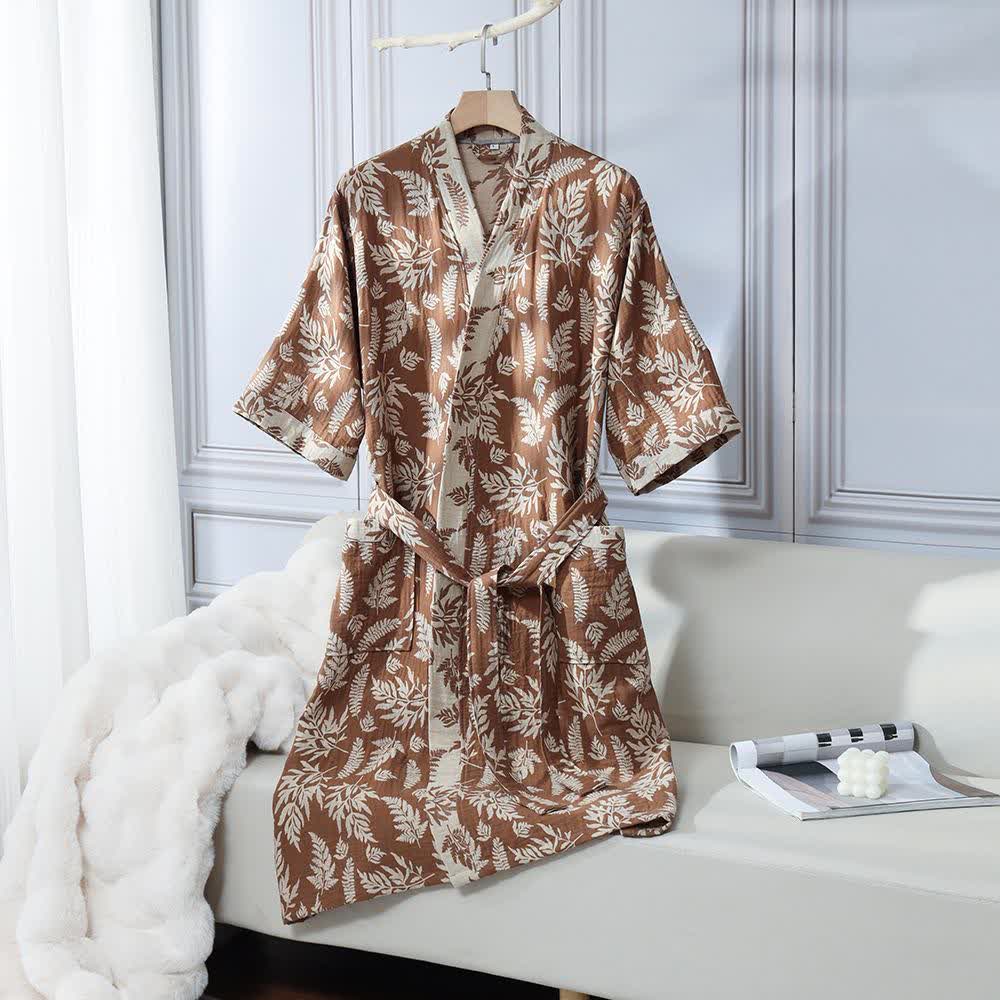 Leaf Cotton Gauze Kimono Yukata Robe - Coffee - XL - image 10