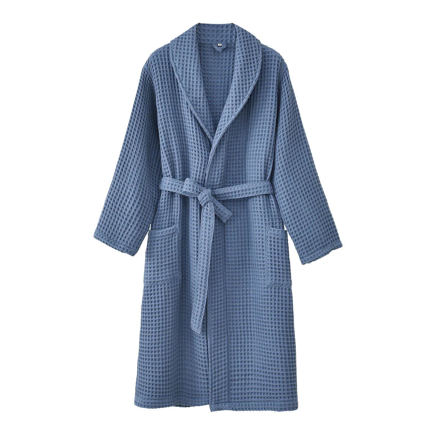 Solid Color Waffle Pure Cotton Bathrobe - Blue - XXL - image 7