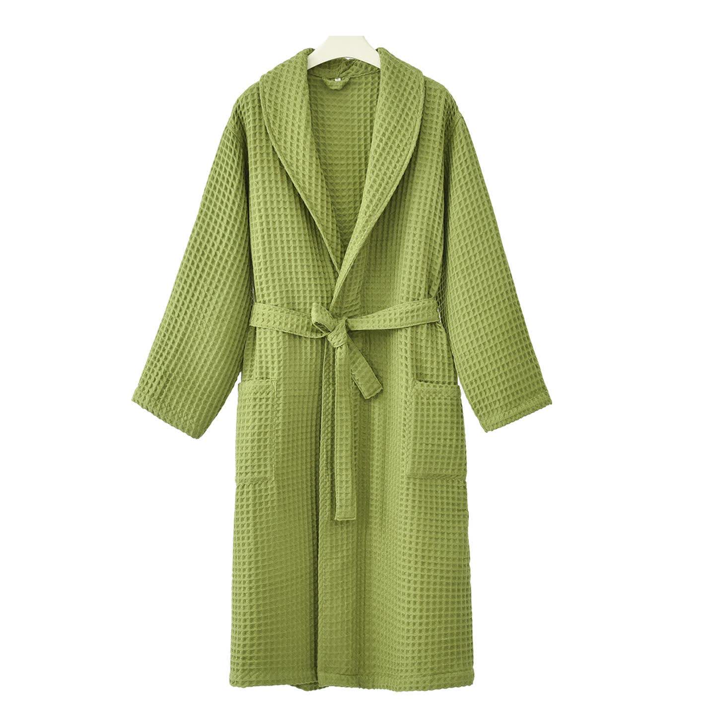 Solid Color Waffle Pure Cotton Bathrobe - Green - XXL - image 4