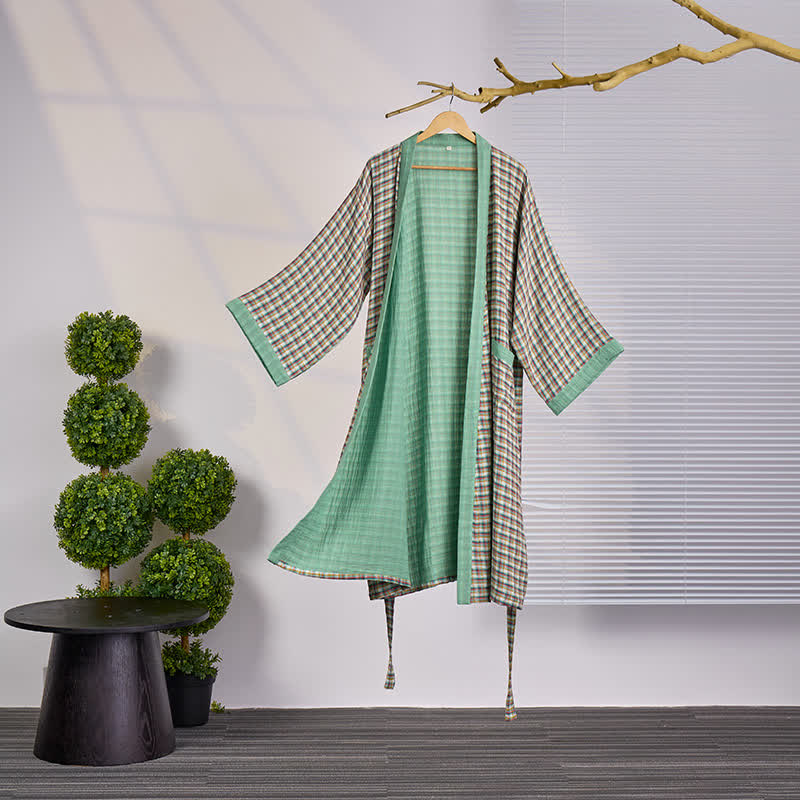 Ownkoti Plaid Cotton Gauze Kimono Yukata Robe - XXL - image 1