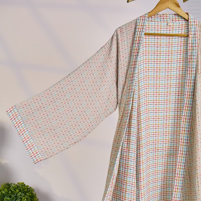 Ownkoti Colorful Gingham Cotton Gauze Kimono Robe - image 2