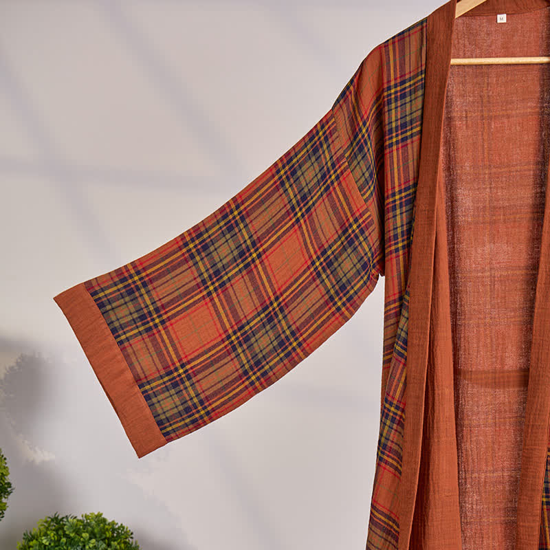 Vintage Plaid Cotton Gauze Kimono Robe - image 1