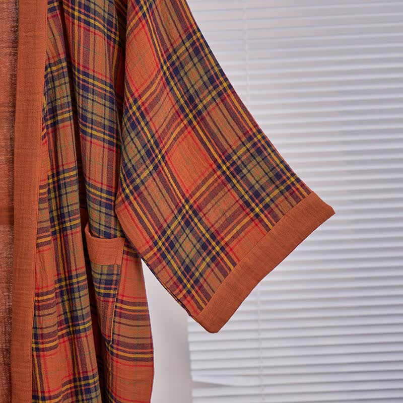 Ownkoti Vintage Plaid Cotton Gauze Kimono Robe - image 2