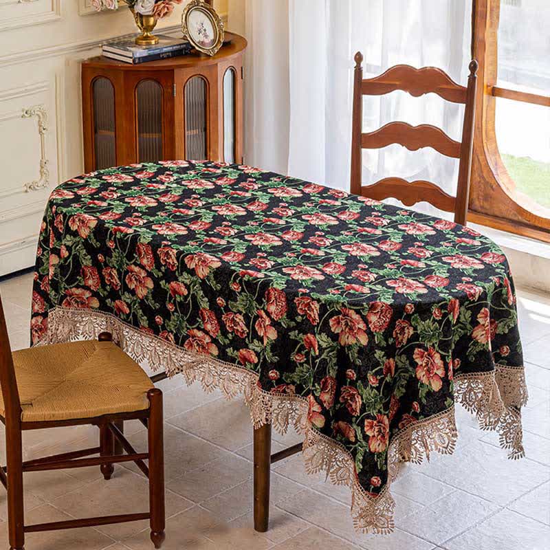 Elegant Lace Trim Floral Tablecloth - Black - 55" x 98" - image 1