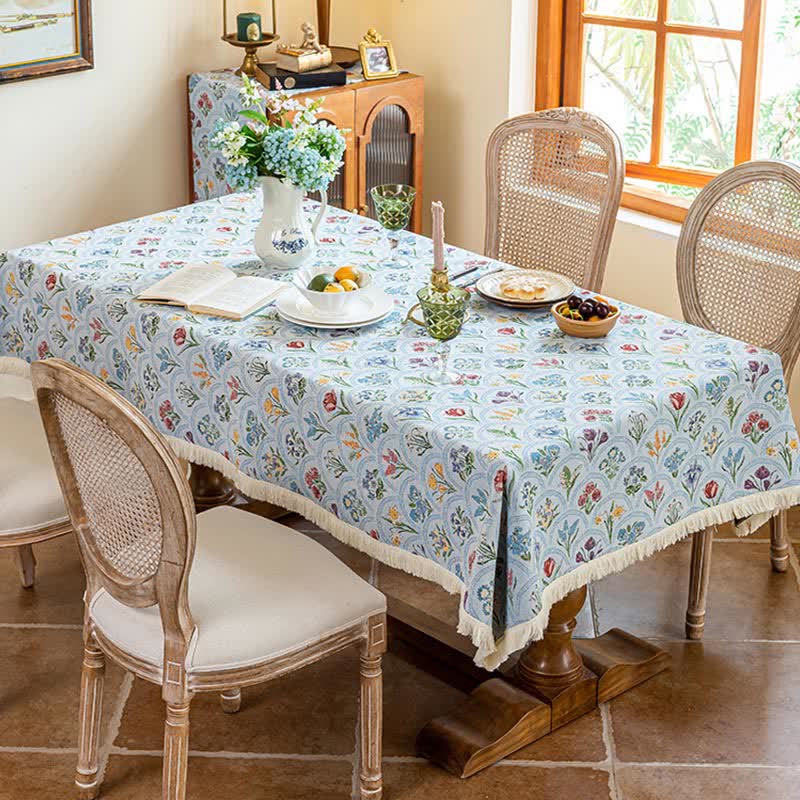 Vintage Blooming Bouquet Tassel Tablecloth - Blue - 55" x 102" - image 9