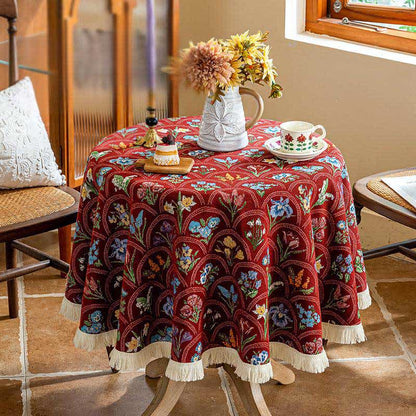 Vintage Blooming Bouquet Tassel Tablecloth - Red - Round 55" - image 5