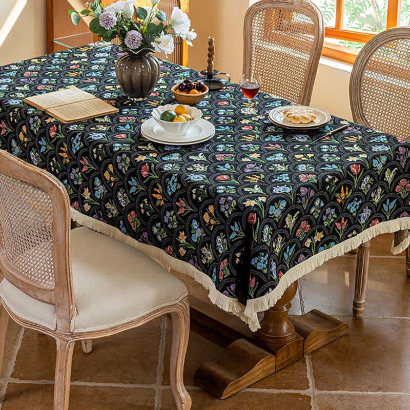 Vintage Blooming Bouquet Tassel Tablecloth - Black - 55" x 102" - image 0