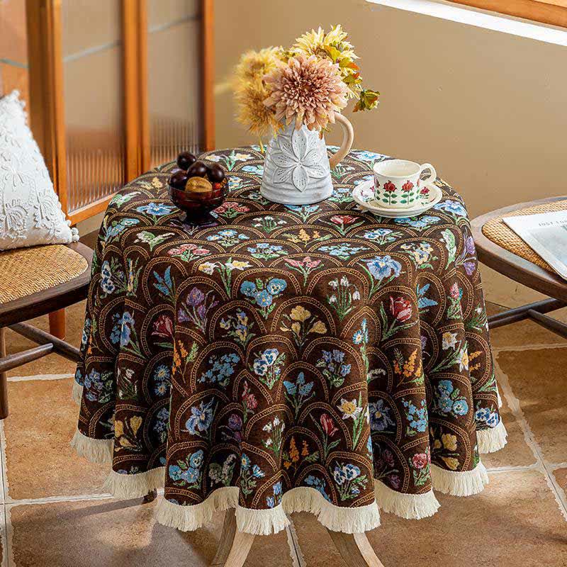 Vintage Blooming Bouquet Tassel Tablecloth - Brown - Round 55" - image 8