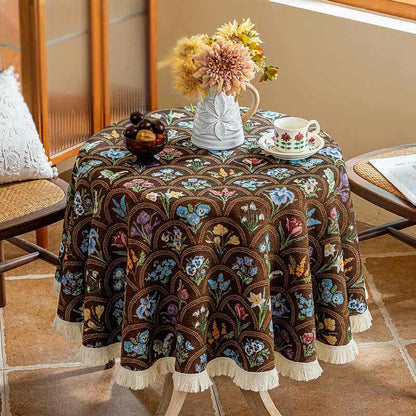 Vintage Blooming Bouquet Tassel Tablecloth - Brown - Round 55" - image 8