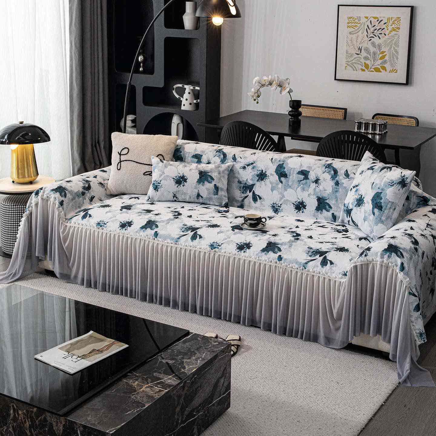 Ink Floral Sofa Cover with Skirt - Blue - 71" x 134" - image 7